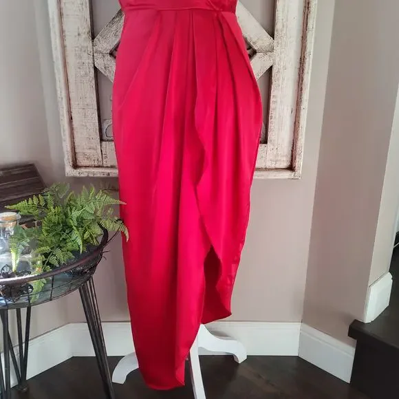 Lulu's Women's Law of Attraction Satin One-Shoulder Asymmetrical Midi Dress Red - Picture 3 of 12